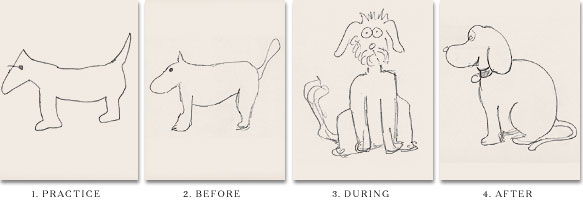 picture of a dog drwan four times at different stages of subject's exposure to transcranial magnetic stimulation